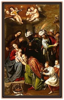 Adoración de los reyes y ángeles al Niño Jesús