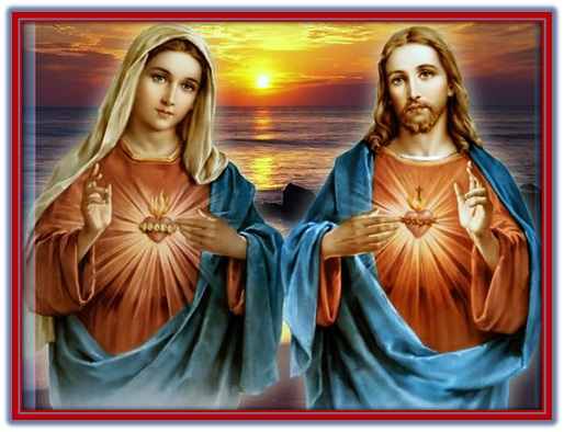 sagrados corazones jesús y maría y puesta del sol