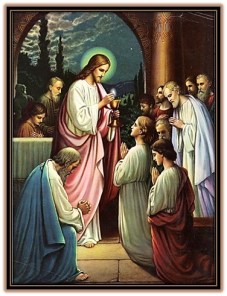 Jesucristo dando la Comunión a gente arrodillada