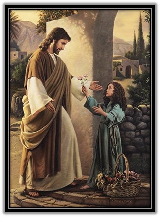 Niña ofreciendo flor a Jesucristo