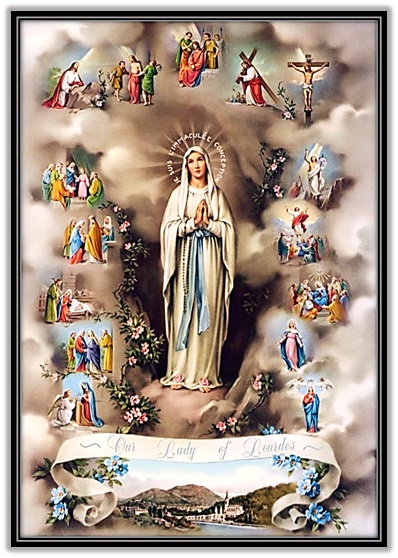 Virgen de Lourdes y los cuatro Misterios del Rosario