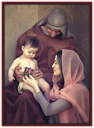 Sagrada Familia y María dándole flores al Niño